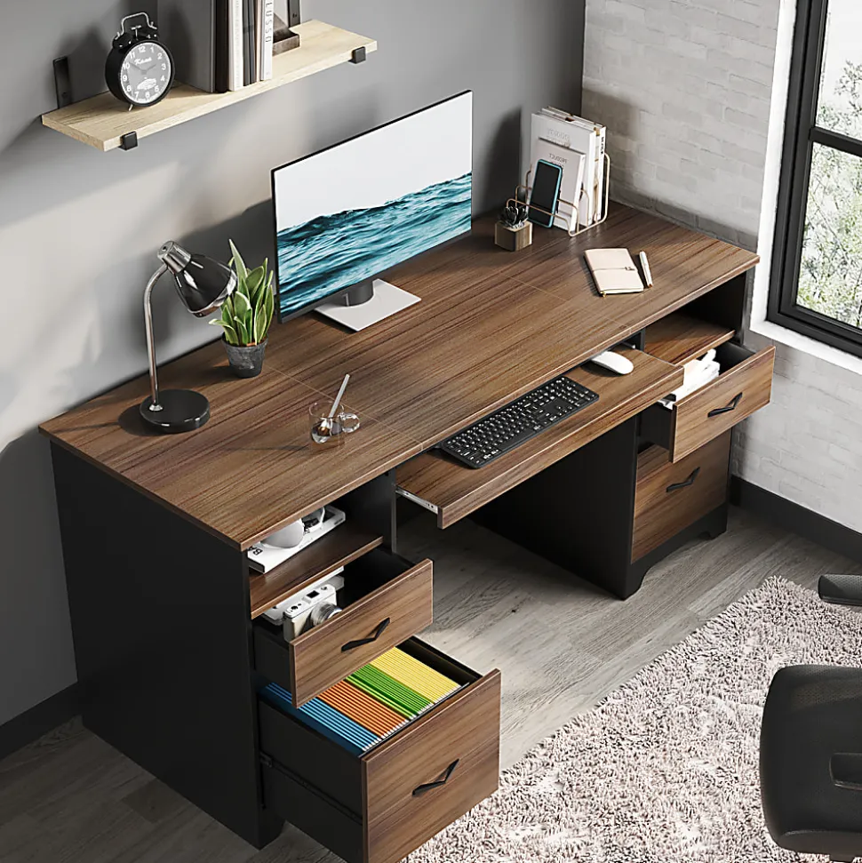Bestier 59"W Double-Pedestal Executive Computer Desk With Open Storage & Drawer, Cherry