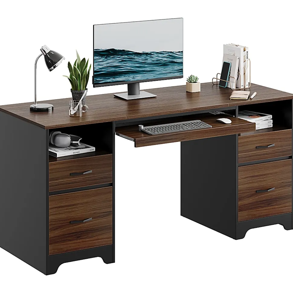 Bestier 59"W Double-Pedestal Executive Computer Desk With Open Storage & Drawer, Cherry
