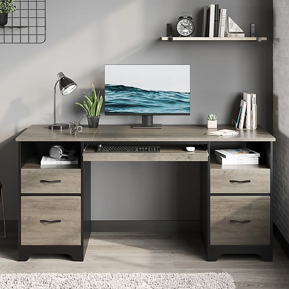 Bestier 59"W Double-Pedestal Executive Computer Desk With Open Storage & Drawer, Gray