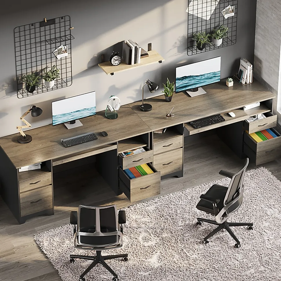 Bestier 59"W Double-Pedestal Executive Computer Desk With Open Storage & Drawer, Gray