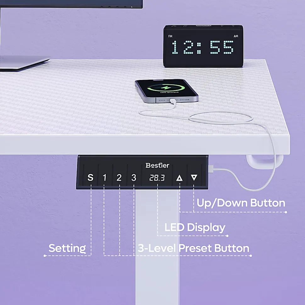 Bestier 63"W Electric Adjustable-Height L-Shaped Standing Desk, White