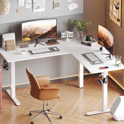 Bestier 63"W Electric Adjustable-Height L-Shaped Standing Desk, White