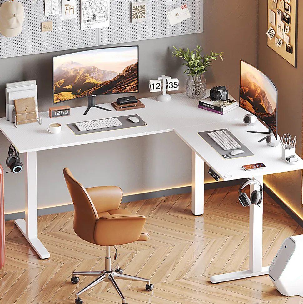 Bestier 63"W Electric Adjustable-Height L-Shaped Standing Desk, White