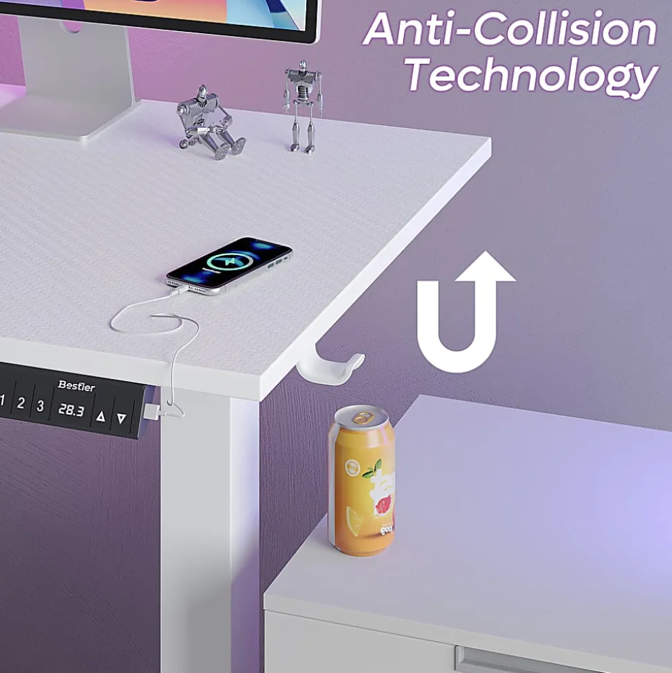 Bestier 63"W Electric Adjustable-Height L-Shaped Standing Desk, White