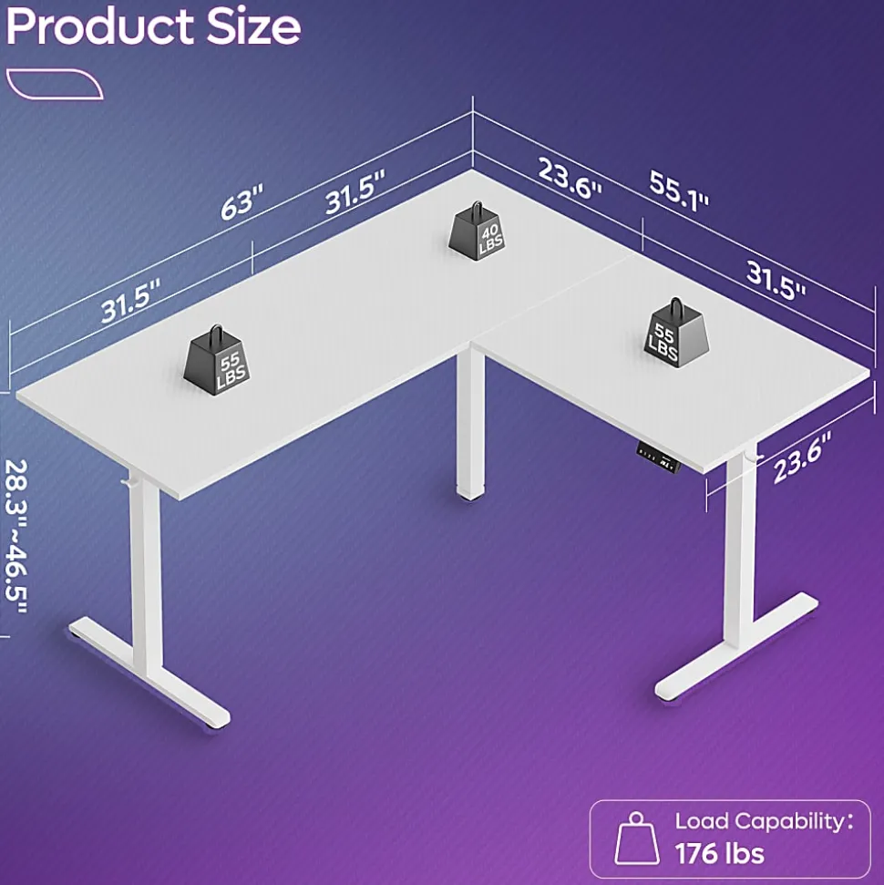 Bestier 63"W Electric Adjustable-Height L-Shaped Standing Desk, White