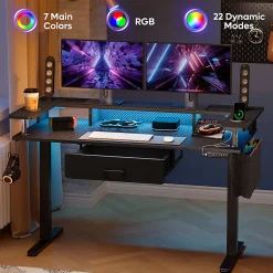 Bestier 58"W Electric Adjustable Height Standing Desk With Monitor Riser, Carbon Fiber Black