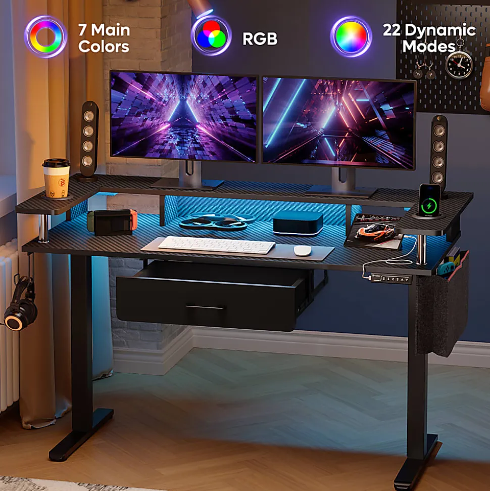 Bestier 58"W Electric Adjustable Height Standing Desk With Monitor Riser, Carbon Fiber Black