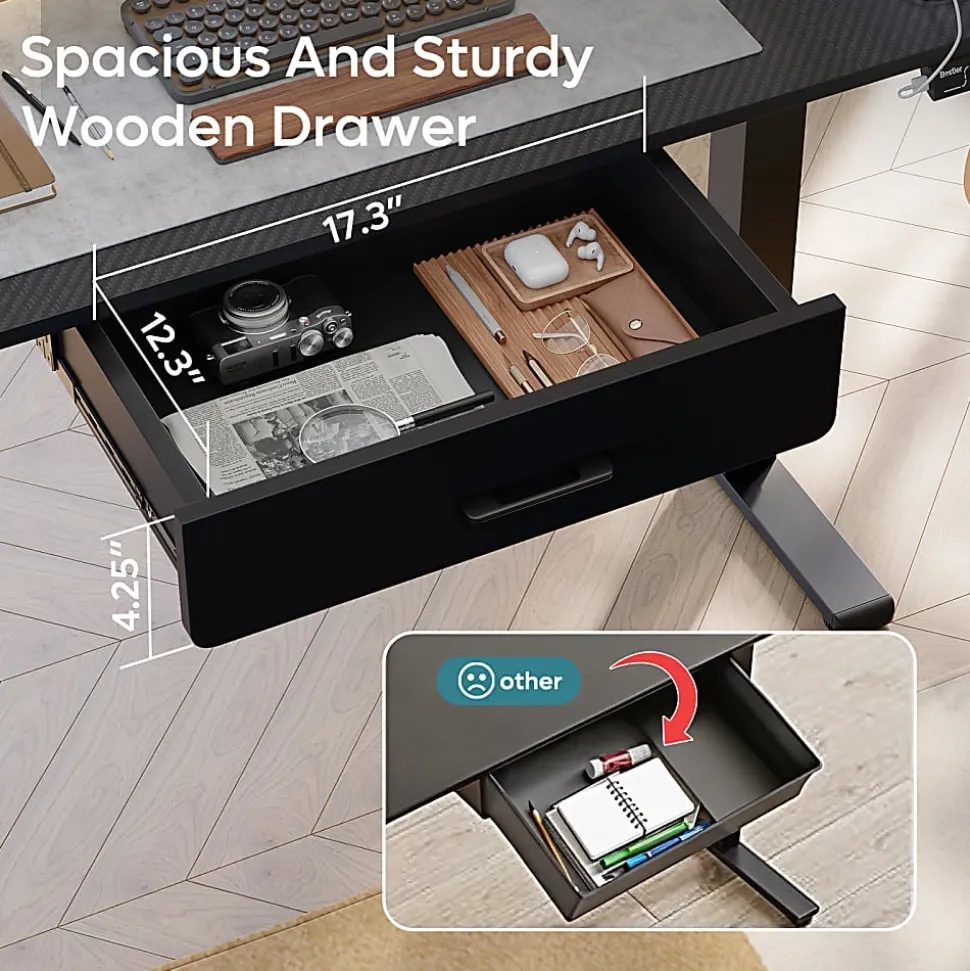 Bestier 58"W Electric Adjustable Height Standing Desk With Monitor Riser, Carbon Fiber Black