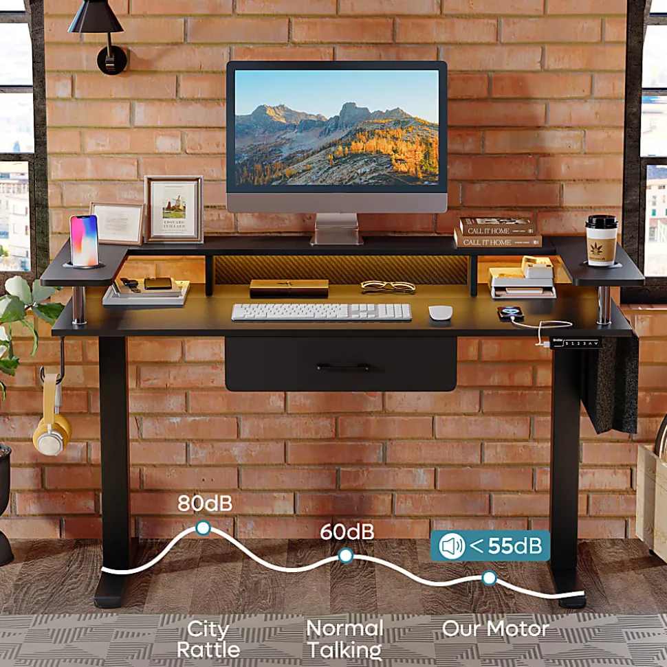 Bestier 58"W Electric Adjustable Height Standing Desk With Monitor Riser, Carbon Fiber Black