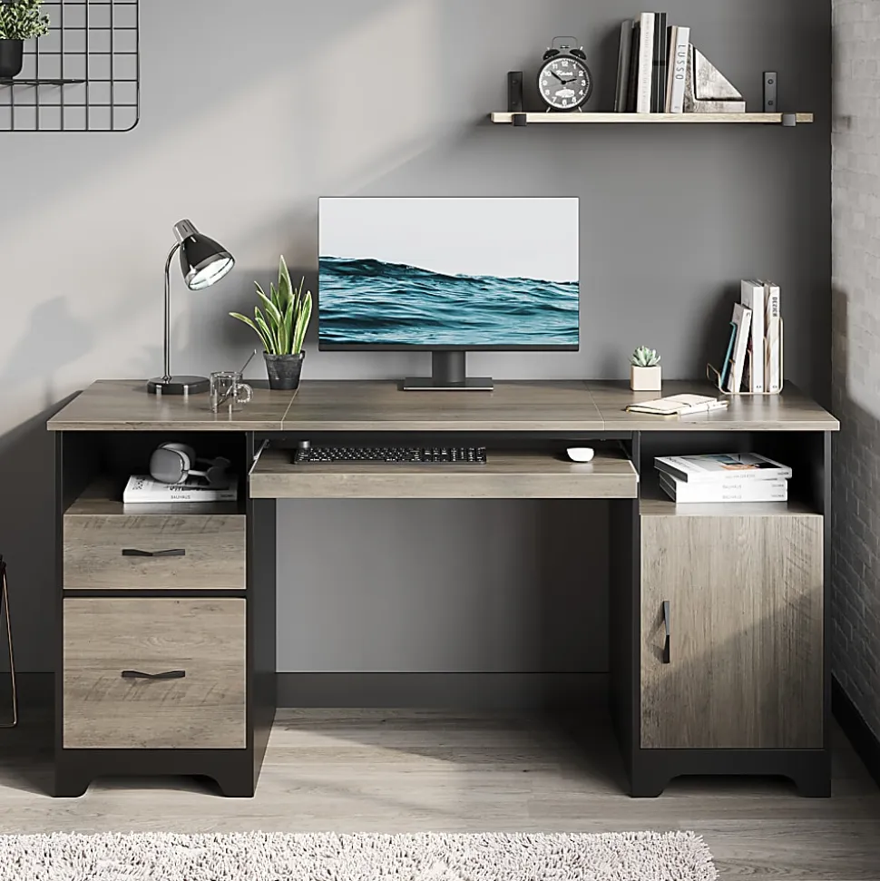 Bestier 59"W Executive Computer Desk With Open Storage & Cabinet, Gray