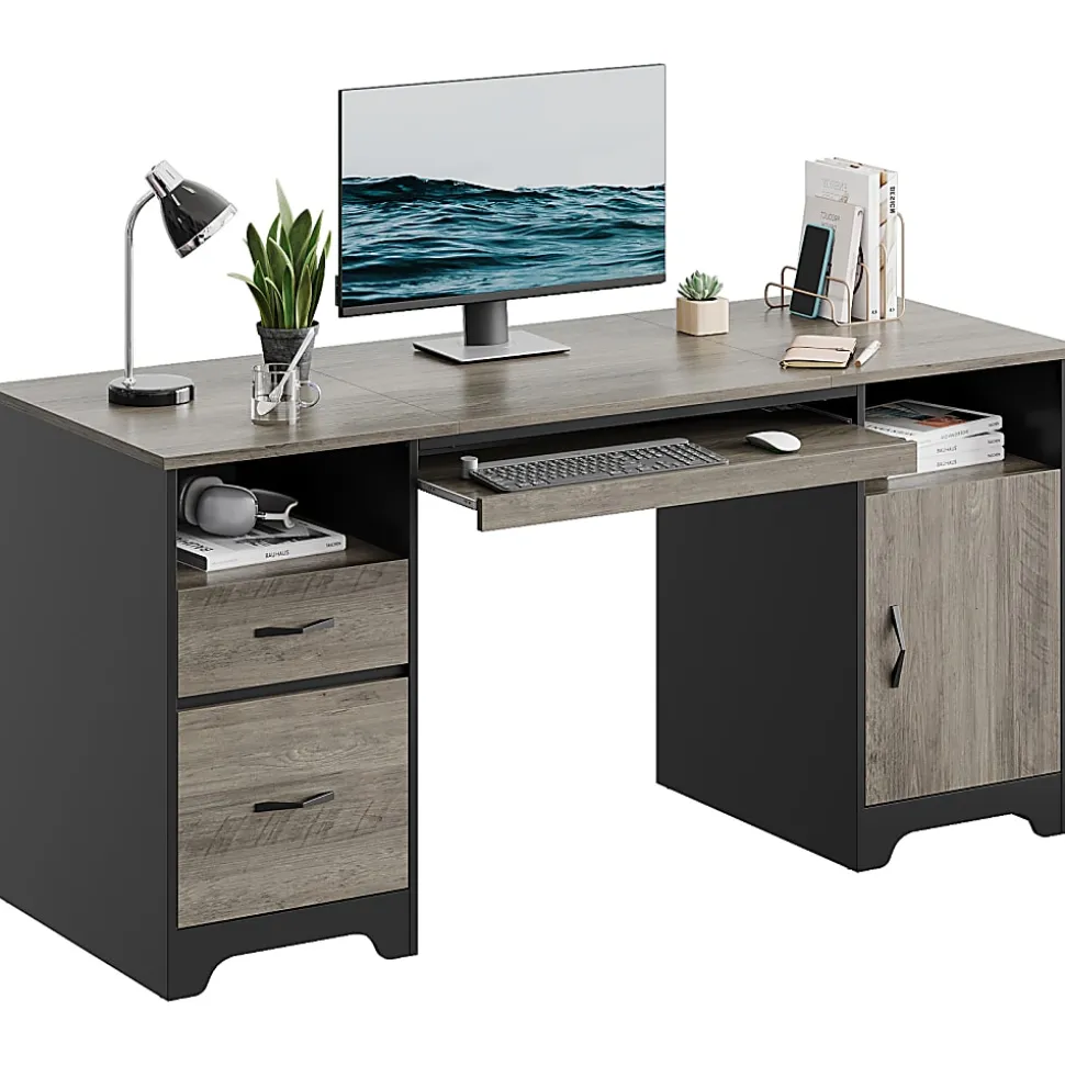 Bestier 59"W Executive Computer Desk With Open Storage & Cabinet, Gray
