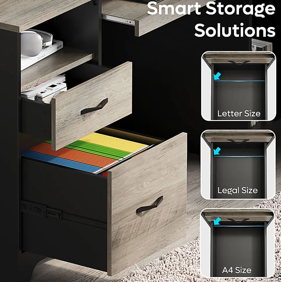 Bestier 59"W Executive Computer Desk With Open Storage & Cabinet, Gray