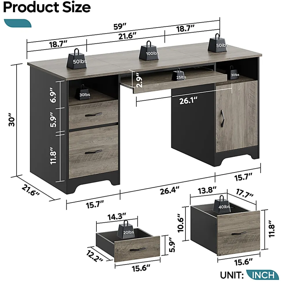 Bestier 59"W Executive Computer Desk With Open Storage & Cabinet, Gray