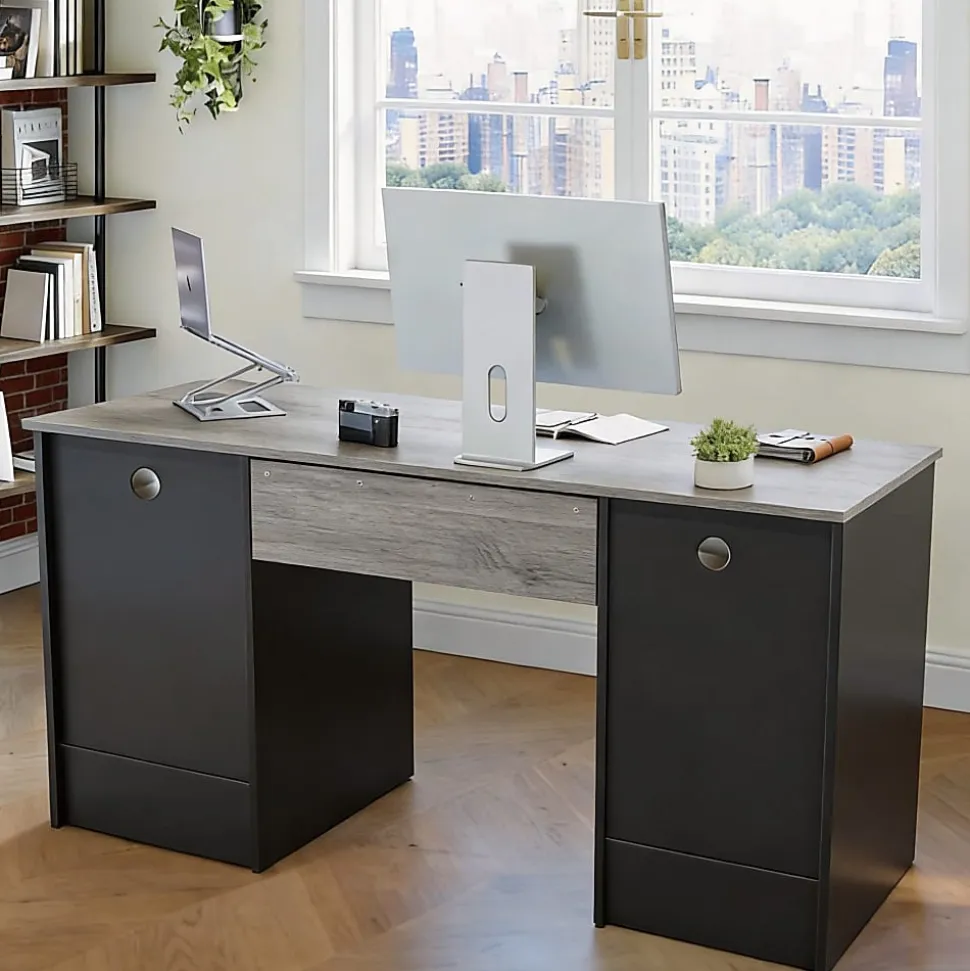 Bestier 59"W Executive Computer Desk With Open Storage & Cabinet, Gray