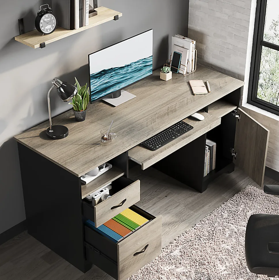 Bestier 59"W Executive Computer Desk With Open Storage & Cabinet, Gray