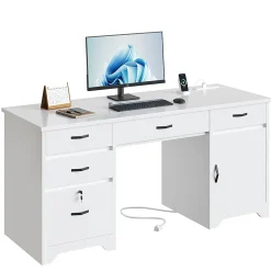 Bestier 60"W Executive Computer Desk With Drawers And Power Outlets, White