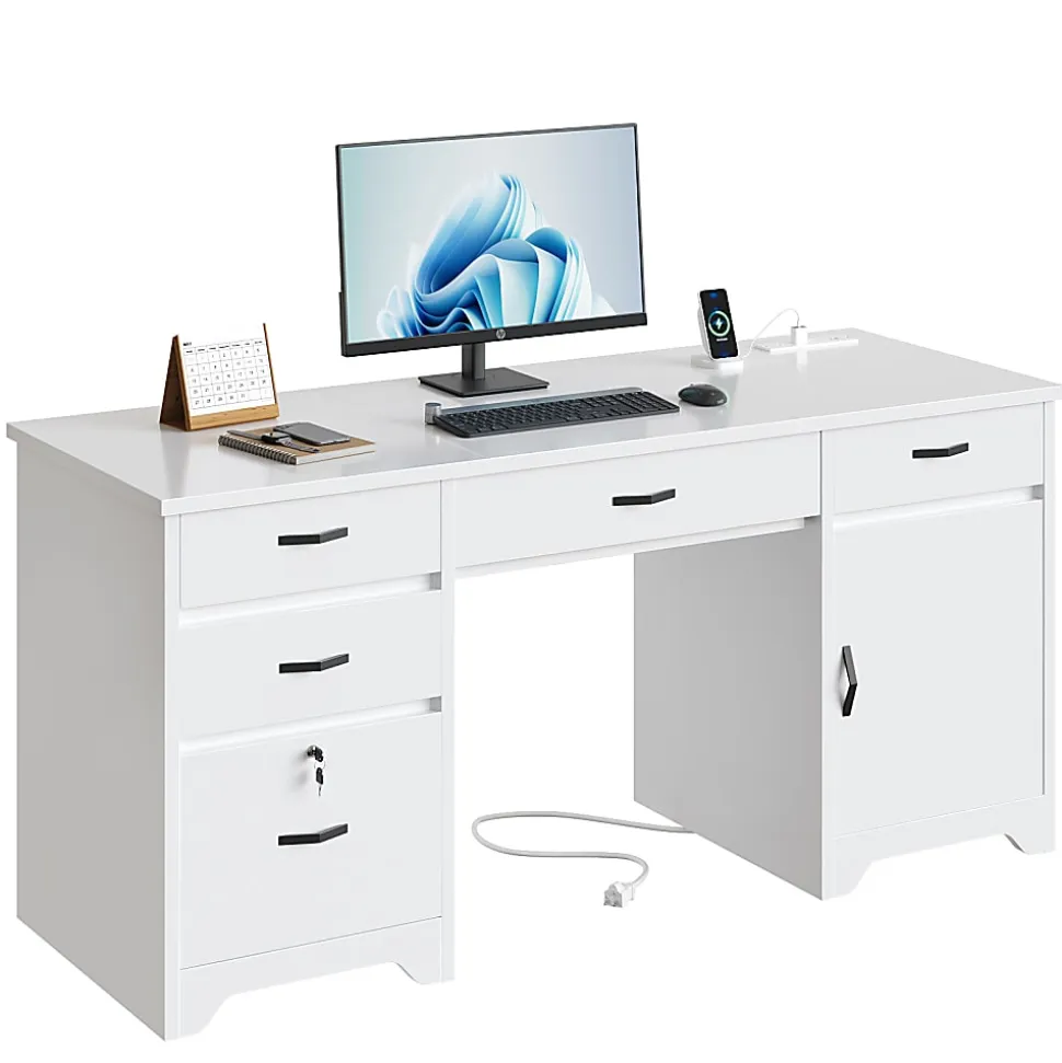 Bestier 60"W Executive Computer Desk With Drawers And Power Outlets, White