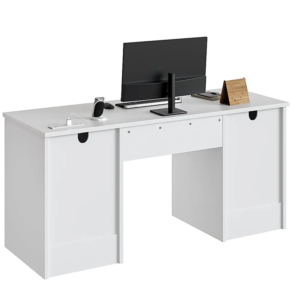 Bestier 60"W Executive Computer Desk With Drawers And Power Outlets, White