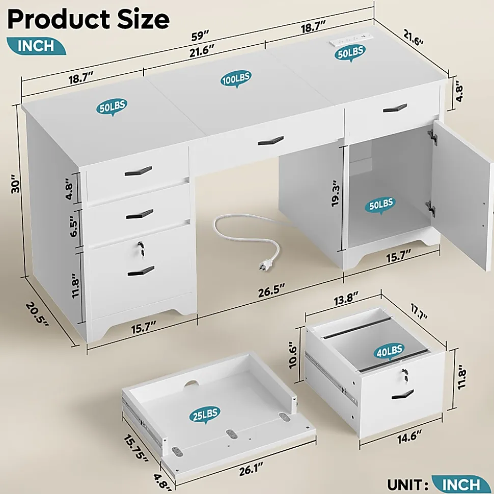 Bestier 60"W Executive Computer Desk With Drawers And Power Outlets, White