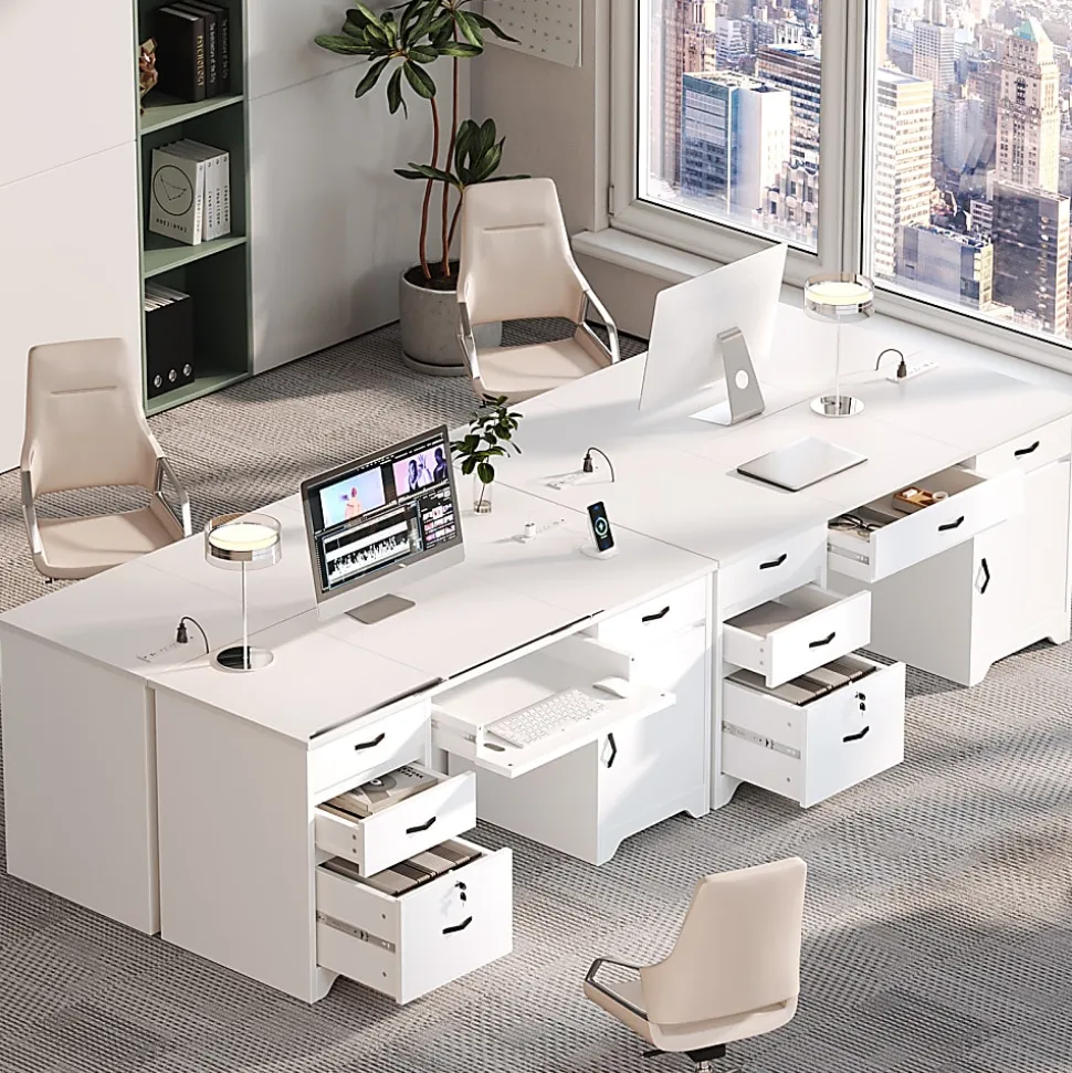 Bestier 60"W Executive Computer Desk With Drawers And Power Outlets, White