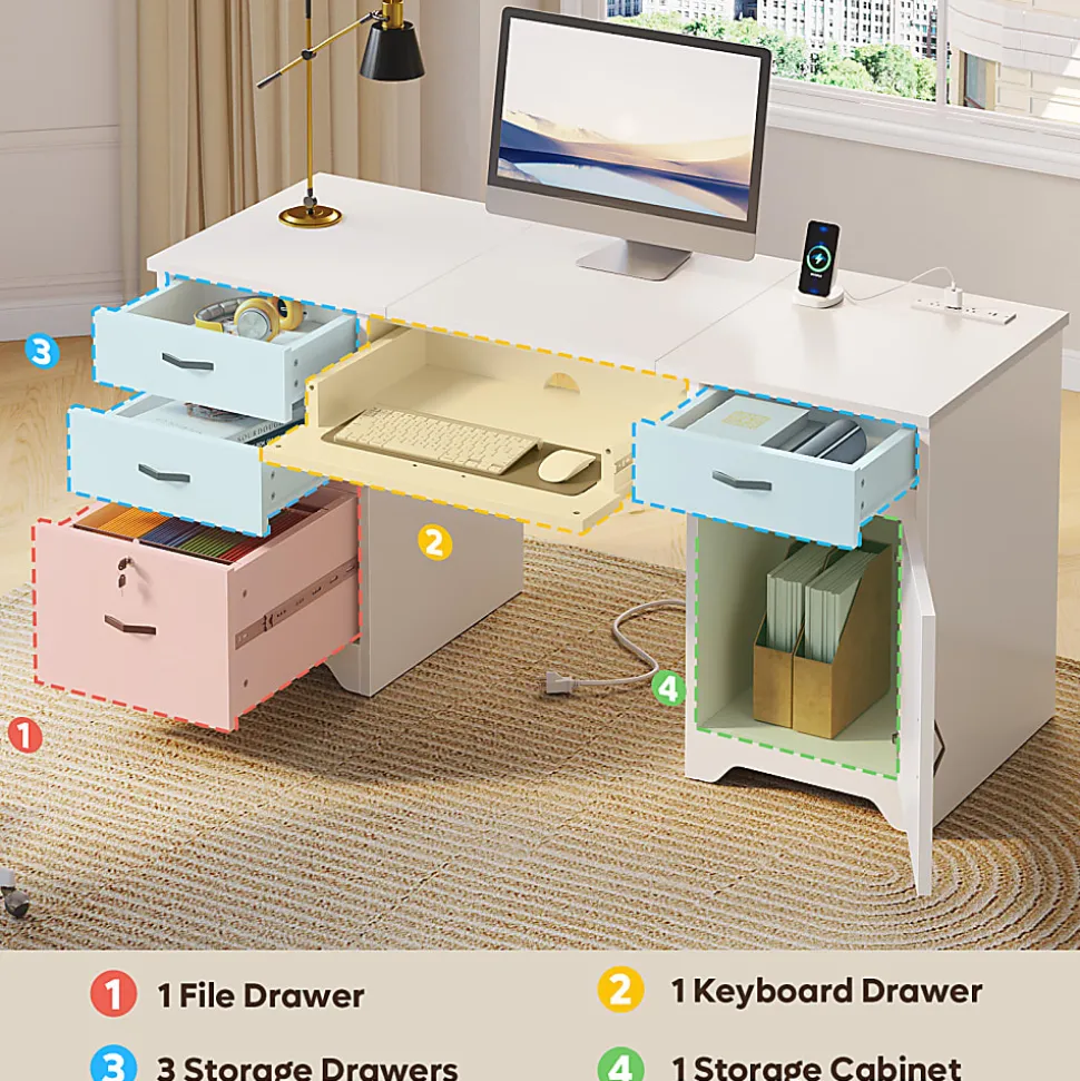 Bestier 60"W Executive Computer Desk With Drawers And Power Outlets, White