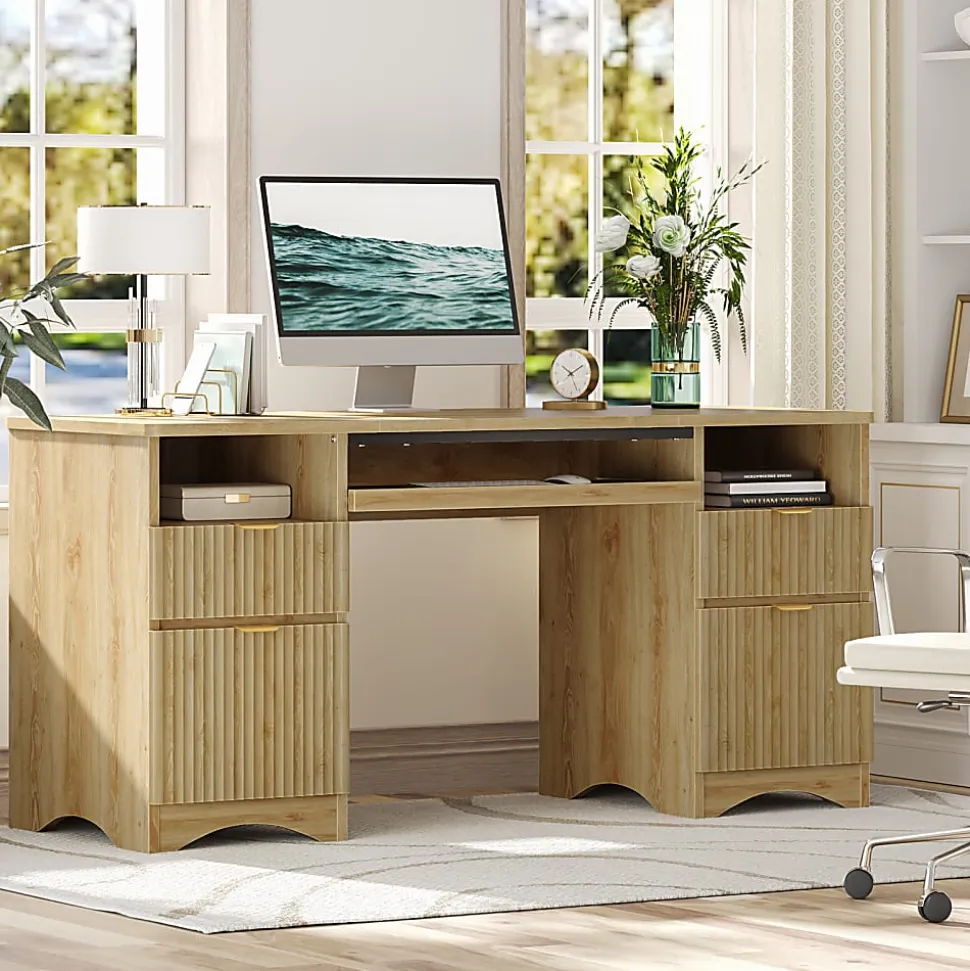 Bestier 60"W Executive Computer Desk With Keyboard Tray And 4 Storage Drawers, Natural