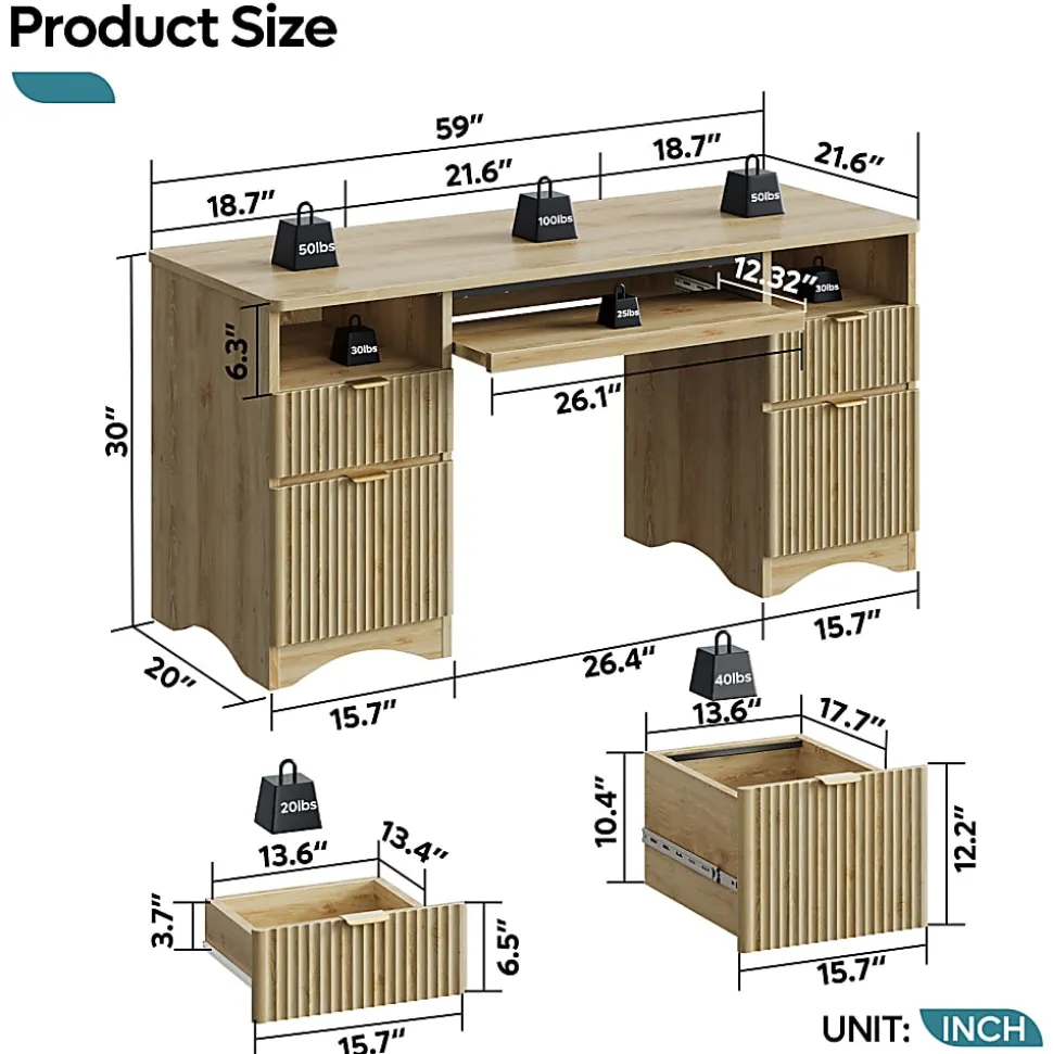 Bestier 60"W Executive Computer Desk With Keyboard Tray And 4 Storage Drawers, Natural