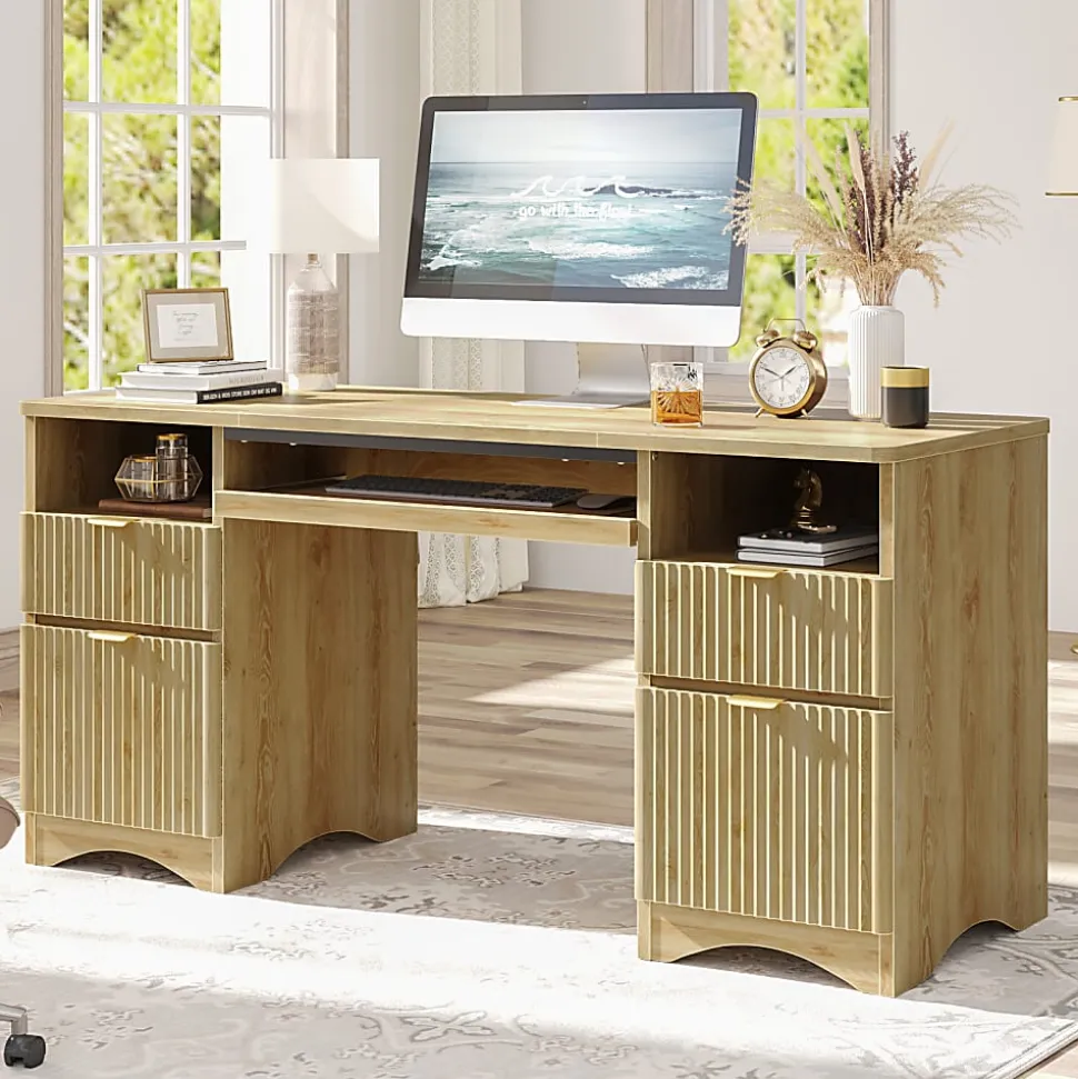 Bestier 60"W Executive Computer Desk With Keyboard Tray And 4 Storage Drawers, Natural