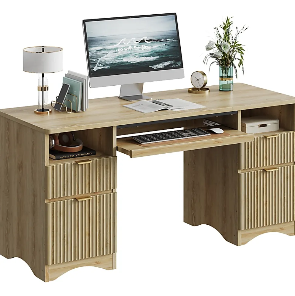 Bestier 60"W Executive Computer Desk With Keyboard Tray And 4 Storage Drawers, Natural