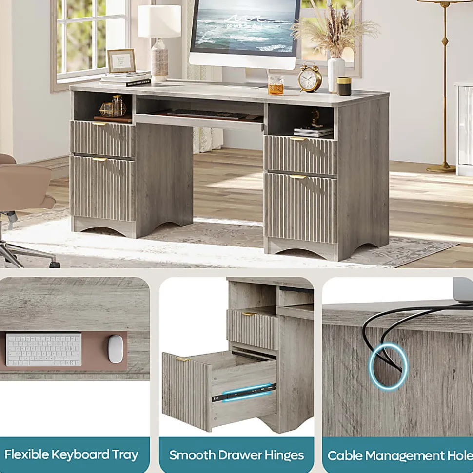 Bestier 60"W Executive Computer Desk With Keyboard Tray And 4 Storage Drawers, Wash Gray