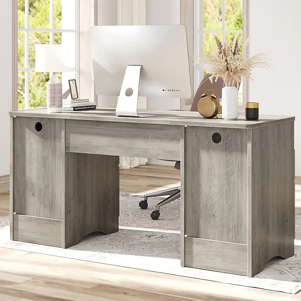 Bestier 60"W Executive Computer Desk With Keyboard Tray And 4 Storage Drawers, Wash Gray