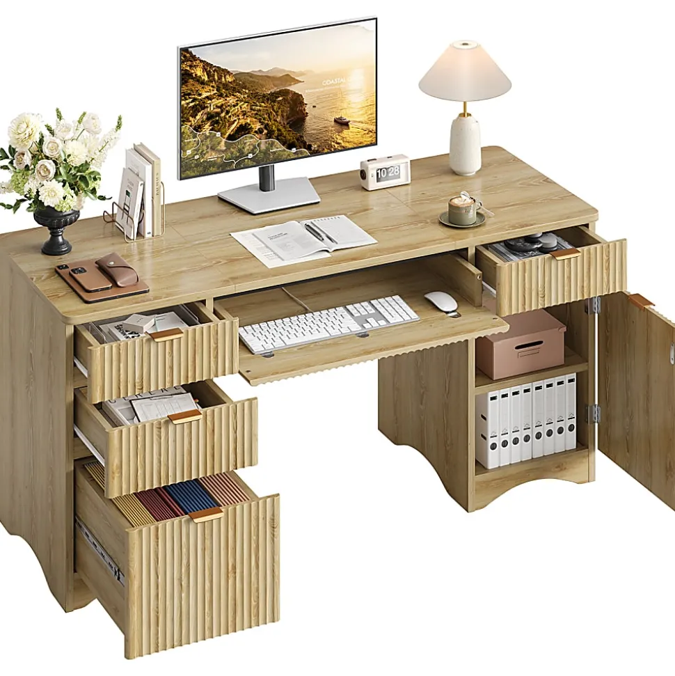 Bestier 63"W Fluted Executive Corner Desk, Natural