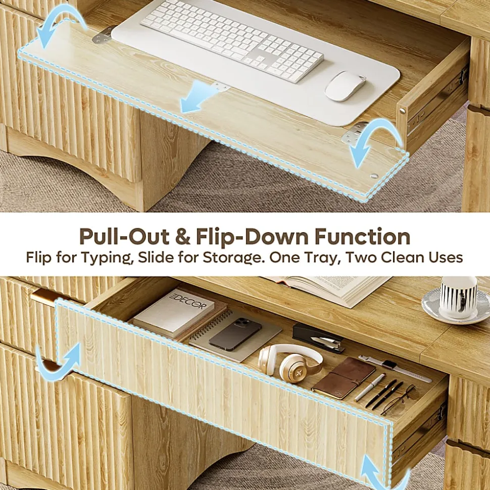 Bestier 63"W Fluted Executive Corner Desk, Natural