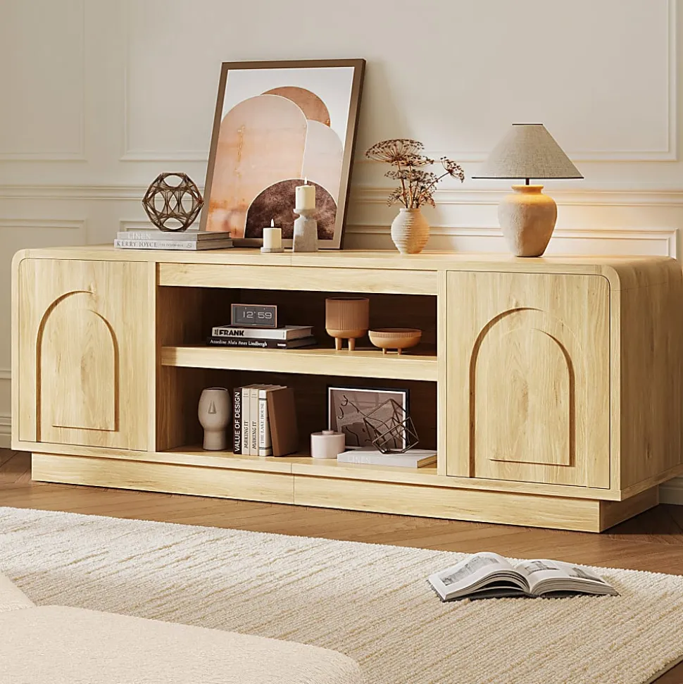 Bestier Wide Storage Cabinet with 2 Doors and Open Shelving, Natural Oak