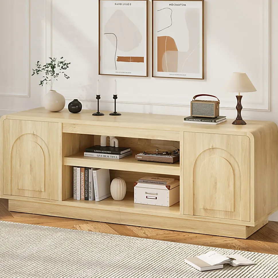 Bestier Wide Storage Cabinet with 2 Doors and Open Shelving, Natural Oak