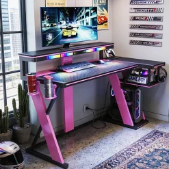 Bestier 58"W LED Gaming Computer Desk With Power Outlet, Black/Purple
