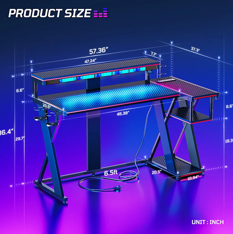 Bestier 58"W LED Gaming Computer Desk With Power Outlet, Black/Purple