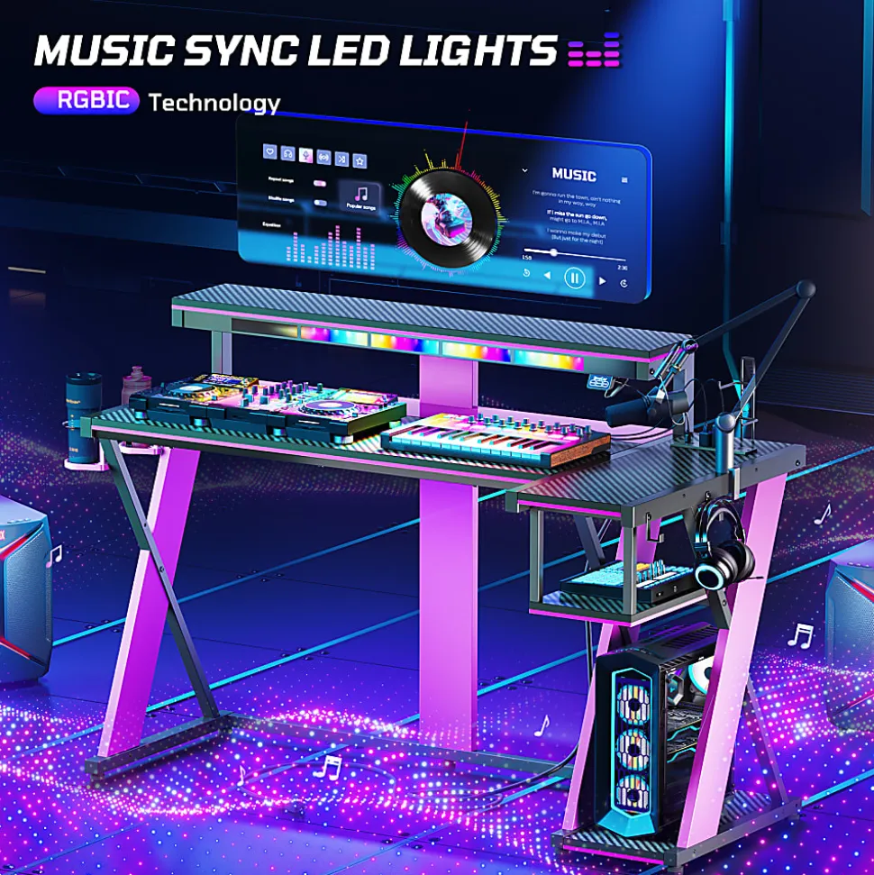 Bestier 58"W LED Gaming Computer Desk With Power Outlet, Black/Purple