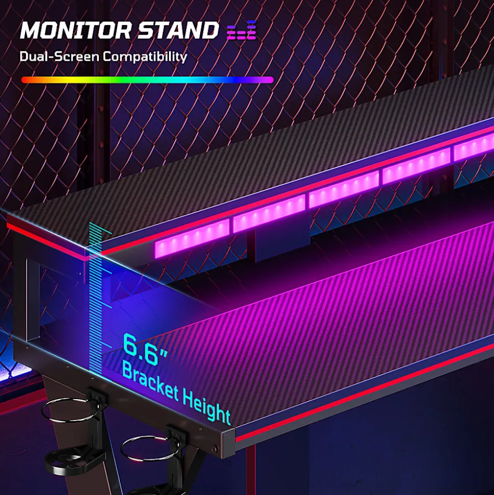 Bestier 58"W LED Gaming Computer Desk With Power Outlet, Black/Purple