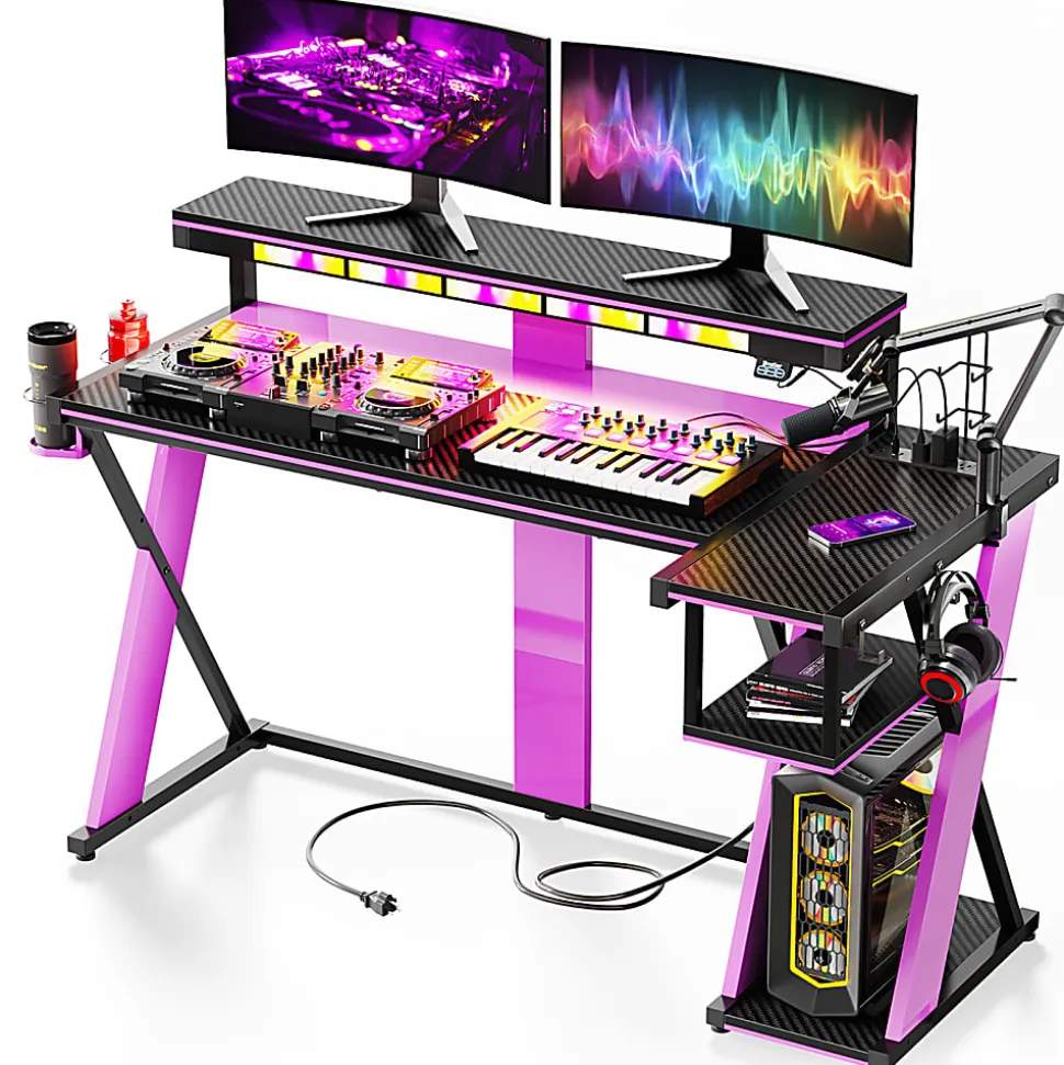 Bestier 58"W LED Gaming Computer Desk With Power Outlet, Black/Purple