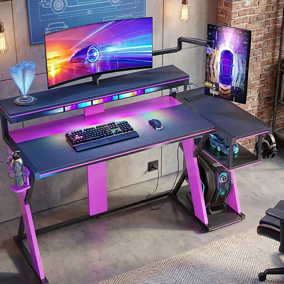 Bestier 58"W LED Gaming Computer Desk With Power Outlet, Black/Purple