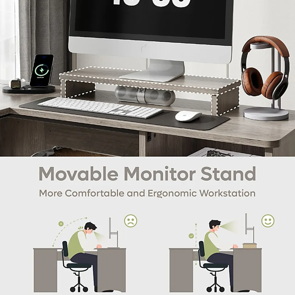 Bestier 55"W L-Shaped Adjustable Height Computer Standing Desk With Power Outlets, Lift-Top And Monitor Stand, Wash Gray