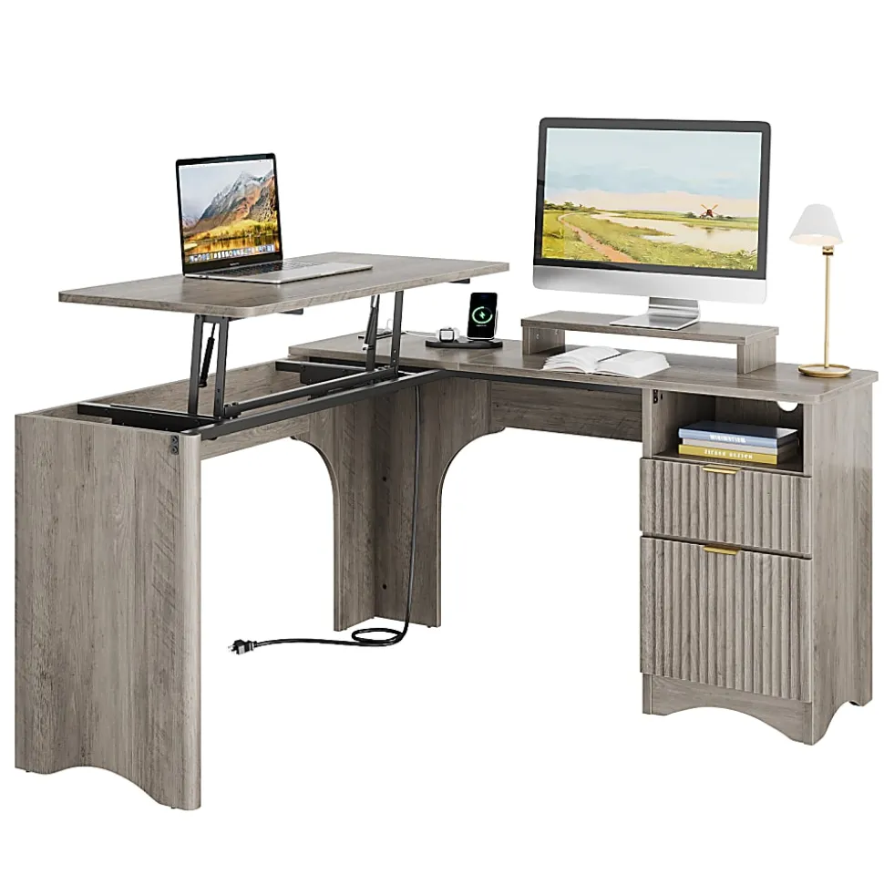 Bestier 55"W L-Shaped Adjustable Height Computer Standing Desk With Power Outlets, Lift-Top And Monitor Stand, Wash Gray