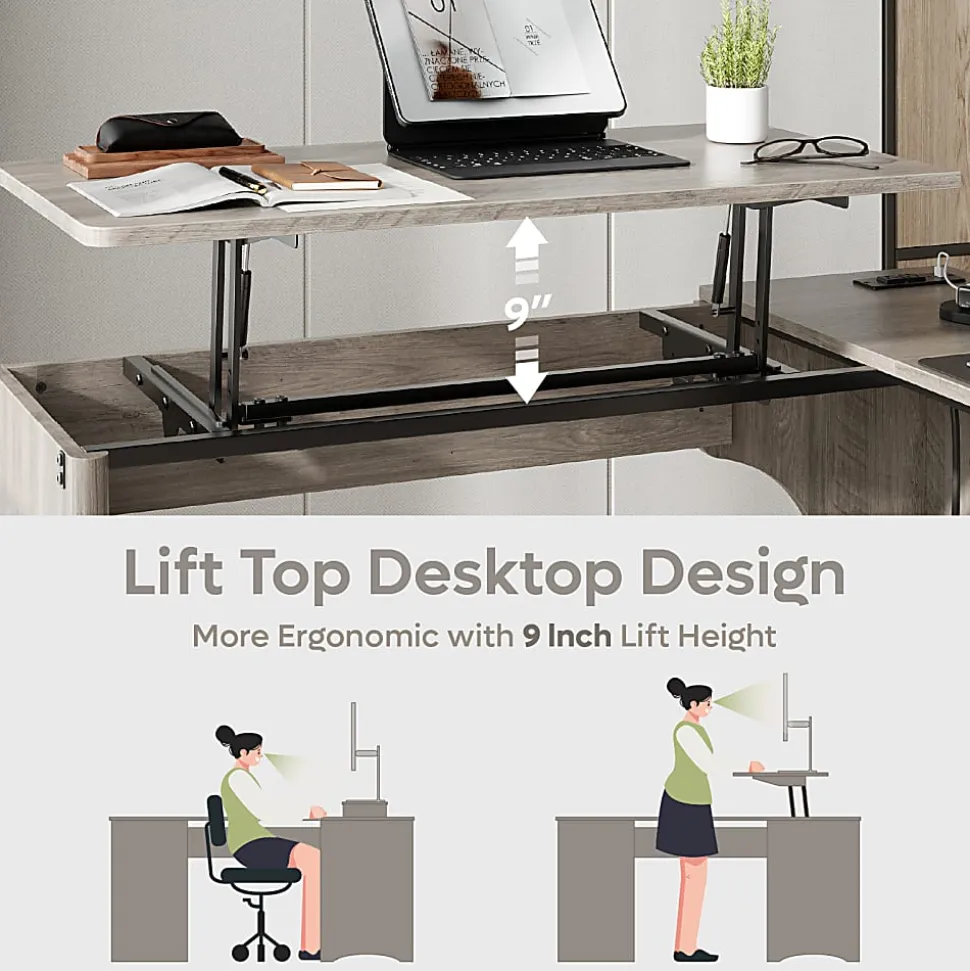 Bestier 55"W L-Shaped Adjustable Height Computer Standing Desk With Power Outlets, Lift-Top And Monitor Stand, Wash Gray