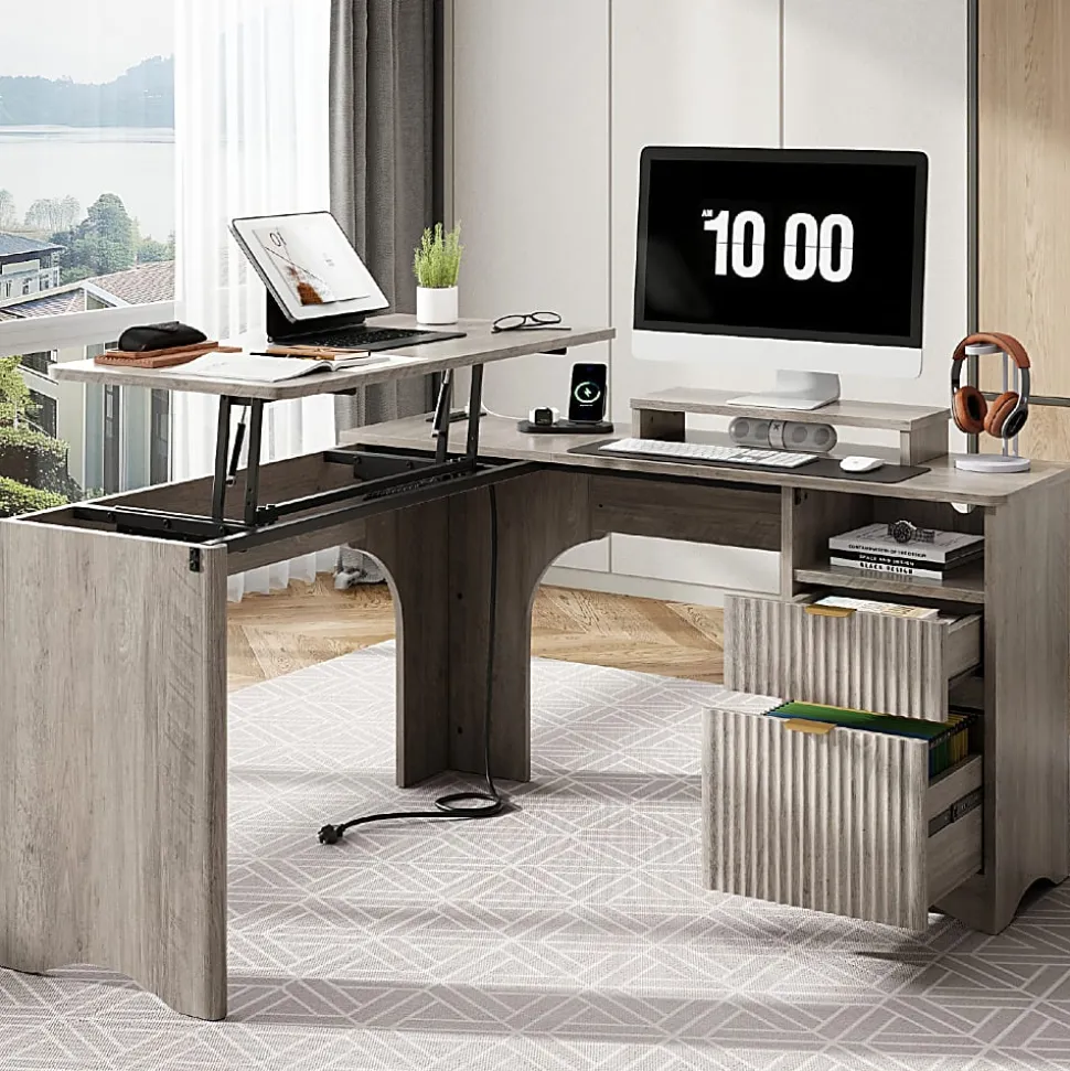 Bestier 55"W L-Shaped Adjustable Height Computer Standing Desk With Power Outlets, Lift-Top And Monitor Stand, Wash Gray