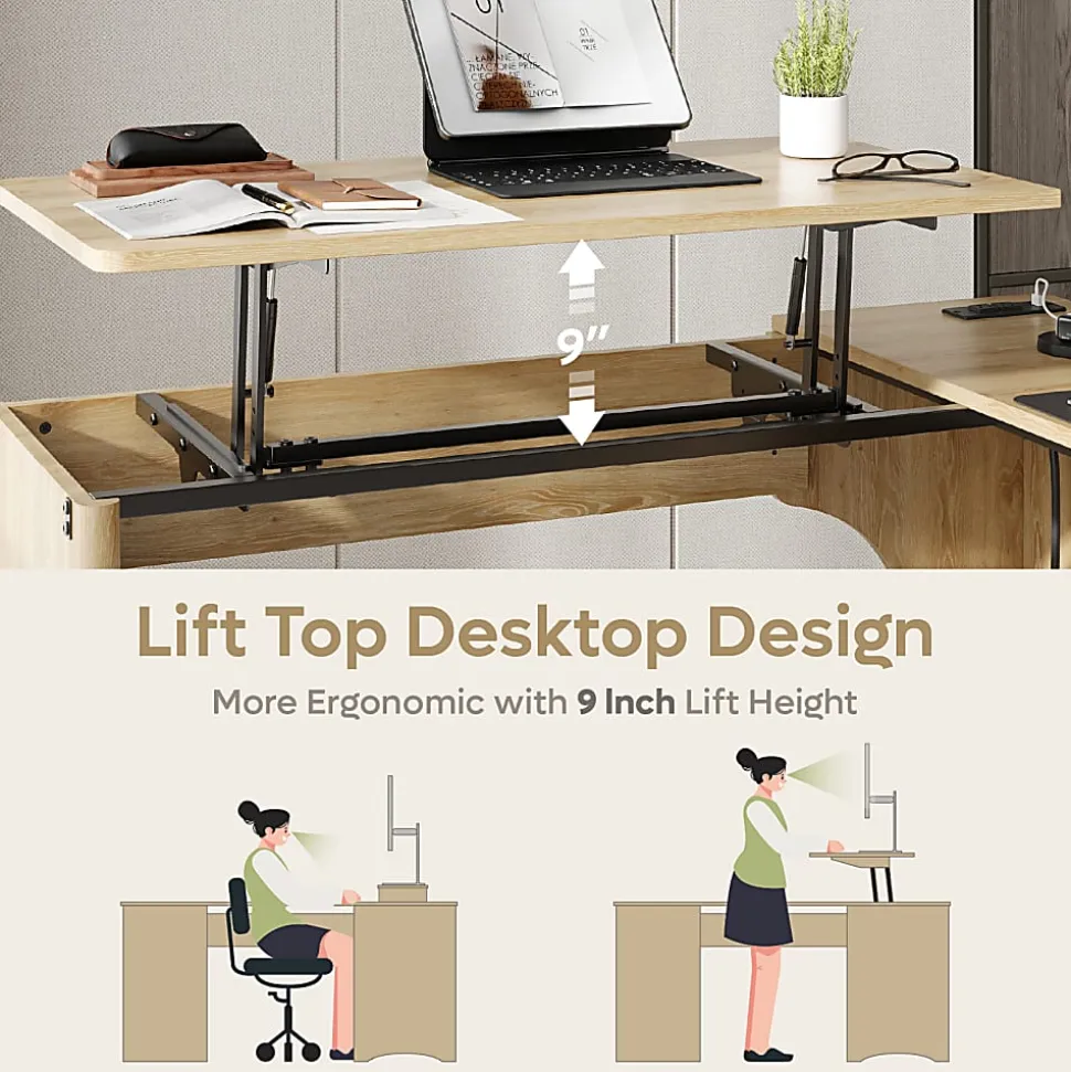 Bestier 55"W L-Shaped Adjustable Height Computer Standing Desk With Power Outlets, Lift-Top And Monitor Stand, Natural
