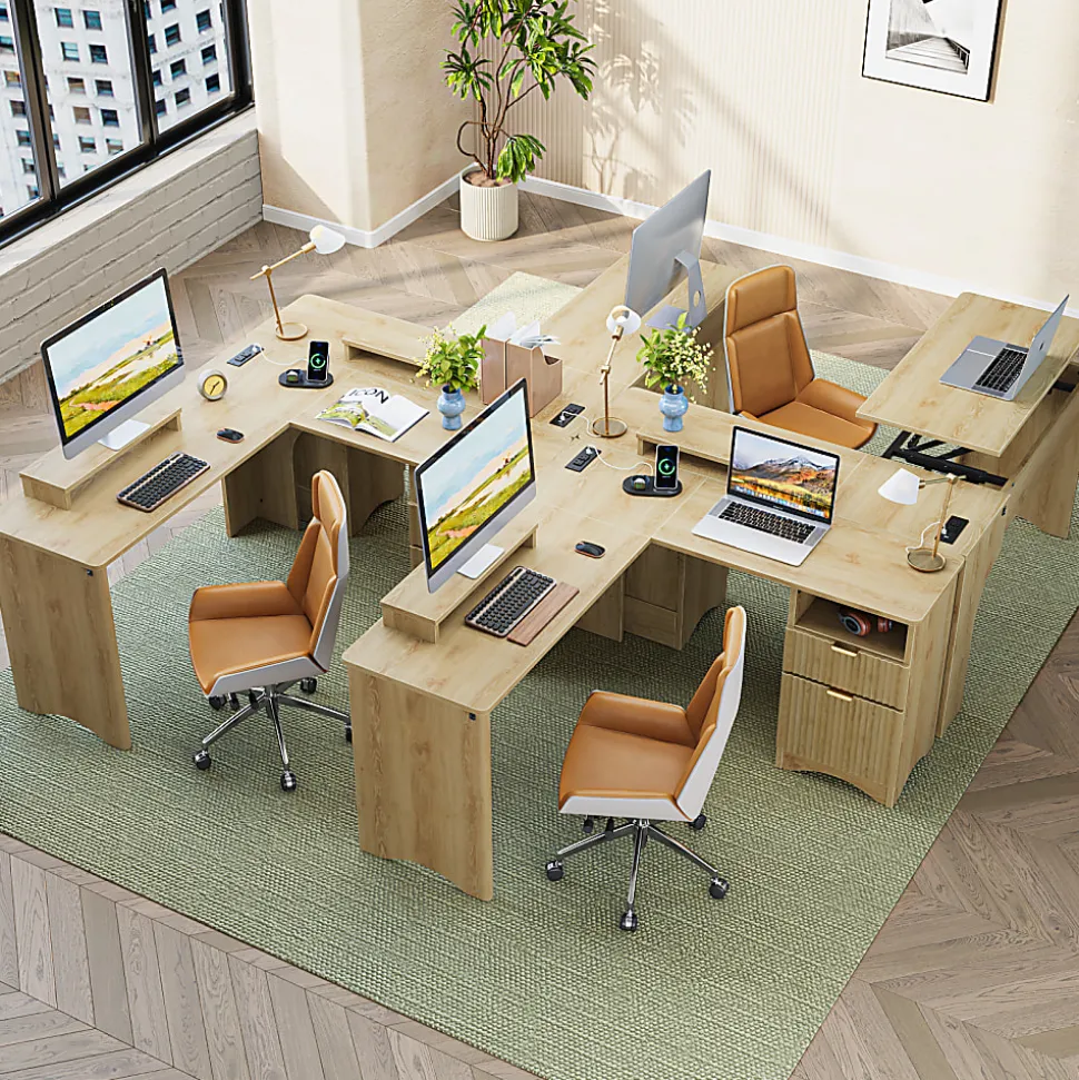 Bestier 55"W L-Shaped Adjustable Height Computer Standing Desk With Power Outlets, Lift-Top And Monitor Stand, Natural