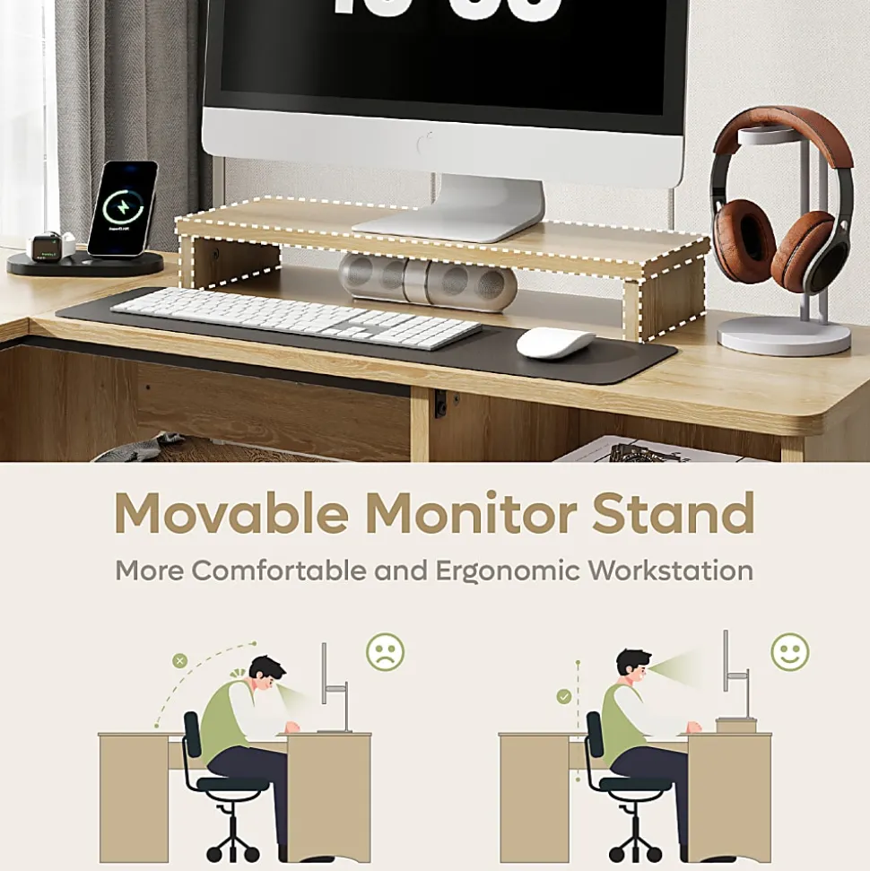 Bestier 55"W L-Shaped Adjustable Height Computer Standing Desk With Power Outlets, Lift-Top And Monitor Stand, Natural