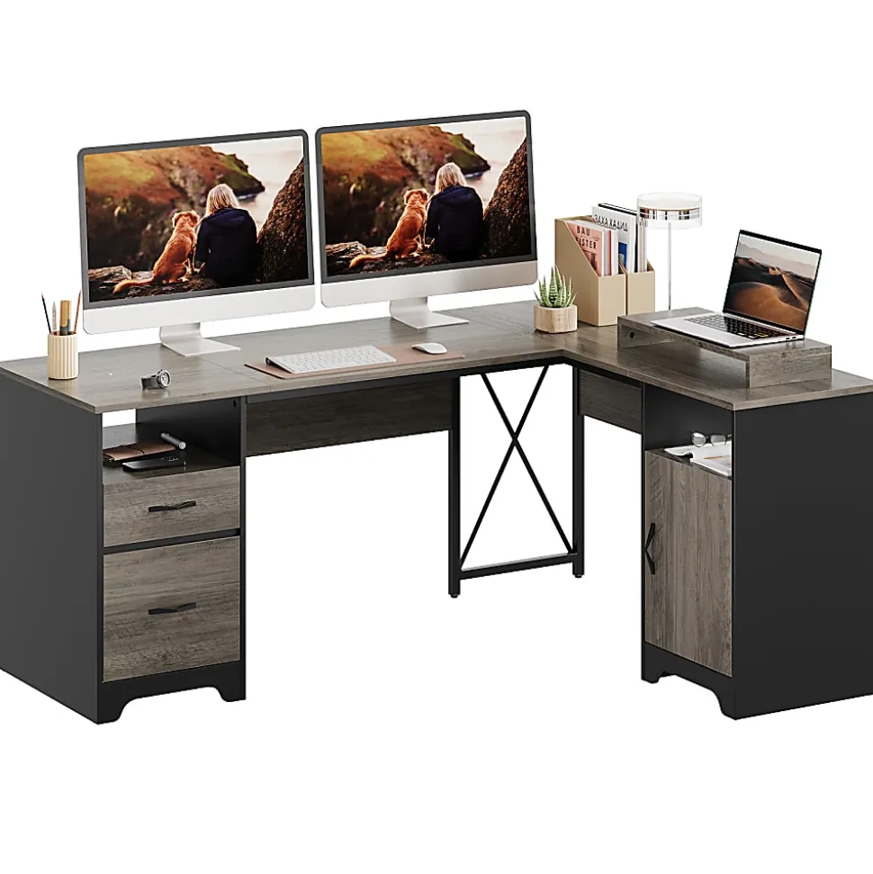 Bestier 63"W L-Shaped Corner Computer Desk With Monitor Stand & Open Storage, Gray