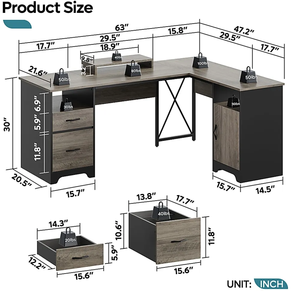 Bestier 63"W L-Shaped Corner Computer Desk With Monitor Stand & Open Storage, Gray